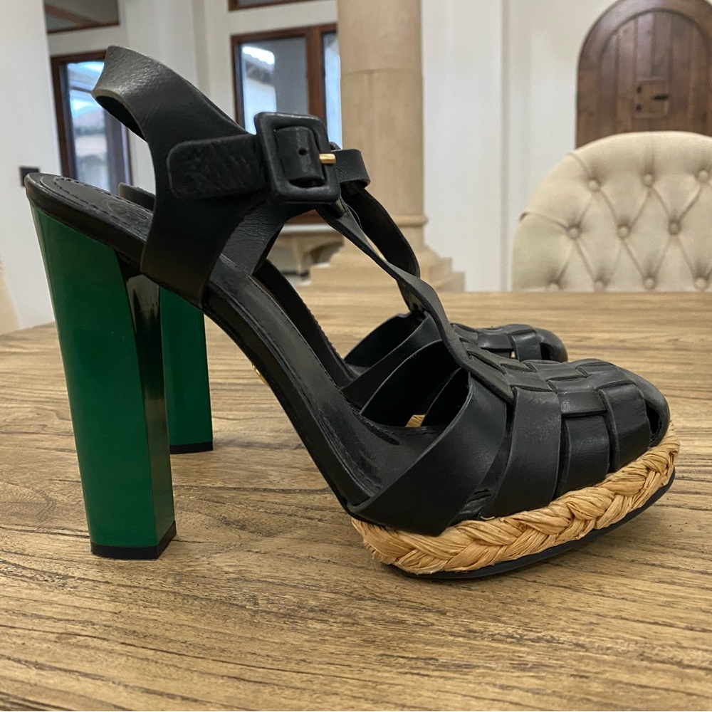 Tory Burch Abella Black Strappy Heels with Green Block Heel